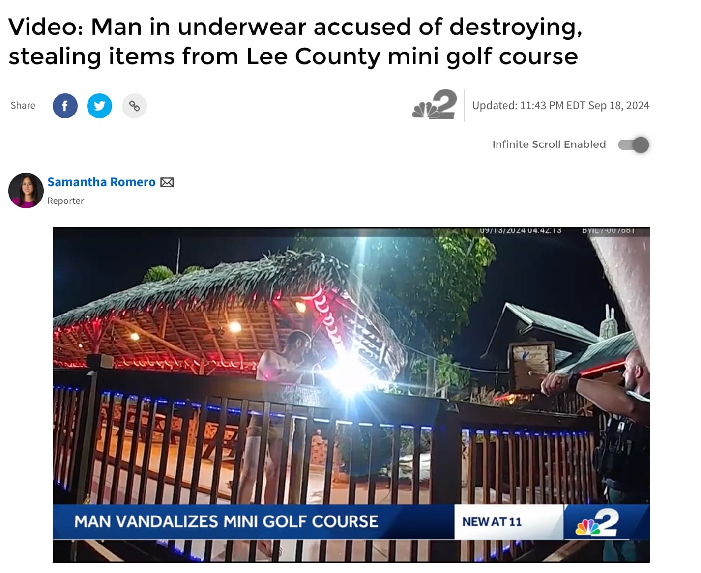 screenshot - Video Man in underwear accused of destroying, stealing items from Lee County mini golf course f 2 Updated Edt Samantha Romero Reporter Infinite Scroll Enabled 09132024 .13 DWL7007601 Man Vandalizes Mini Golf Course New At 11 2